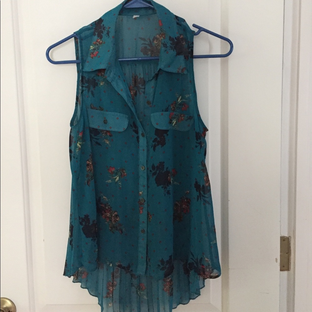 Sheer dark blue floral button up tank